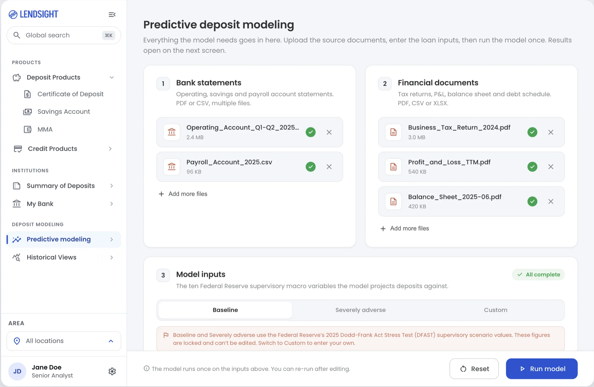 Before: a setup screen where you upload documents and enter inputs, then run the model once and results open on a separate next screen.